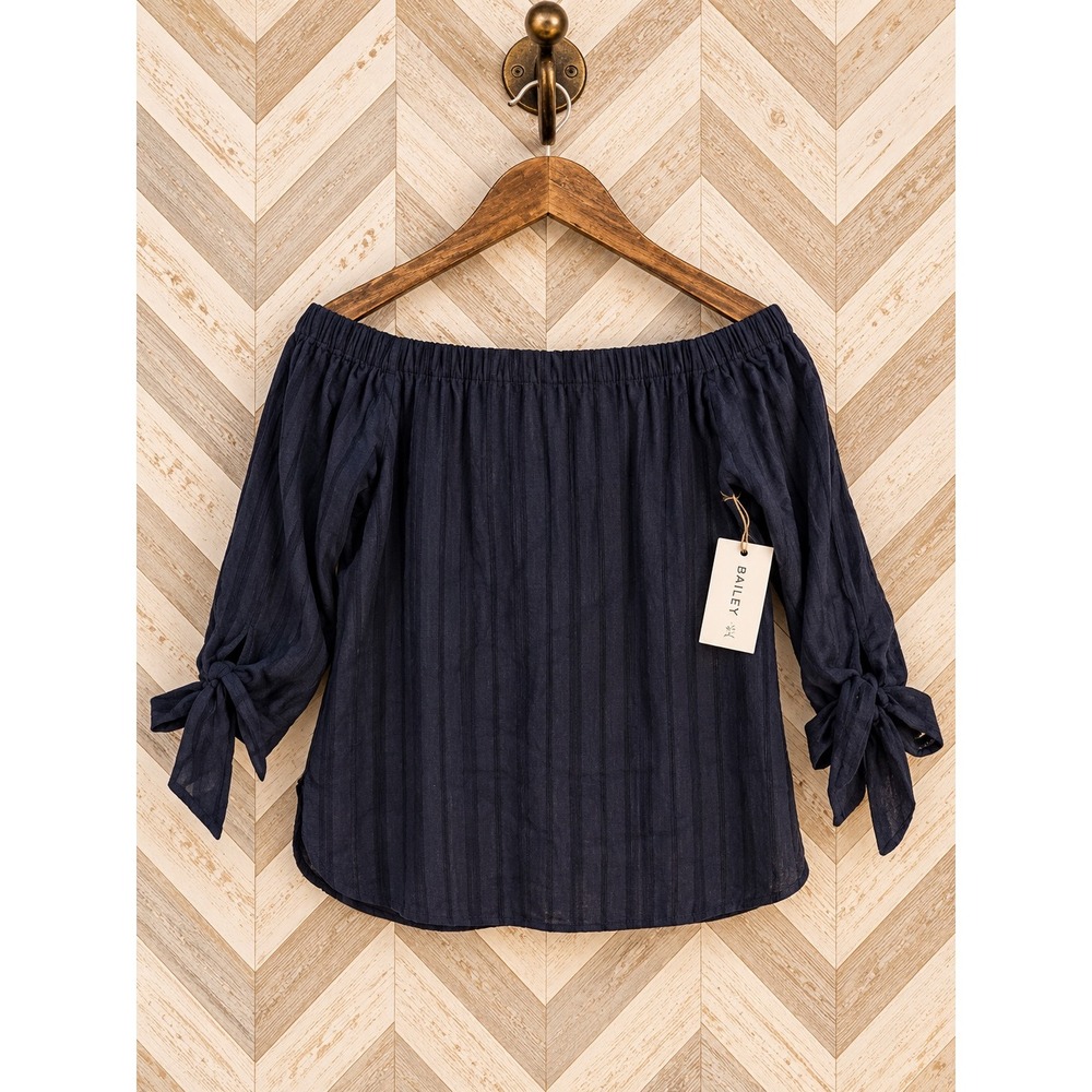 Bailey 44 Off The Shoulder Tie Cuff Striped Blouse Navy Blue Medium NWT
